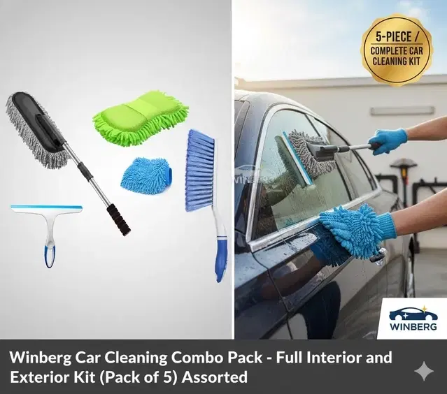 Winberg Car Cleaning Combo Pack Microfiber Duster Carpet Brush Washing Scurb Glass Wiper Microfibre Gloves Full Interior and Exterior Cleaning Kit (Pack of 5) Assorted