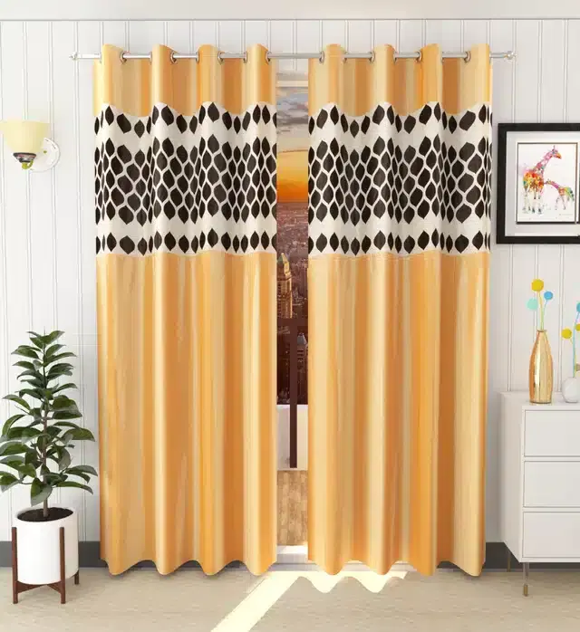 Polyester Patch Worked Window & Door Curtains, Pack of 2, Gold, 5 feet