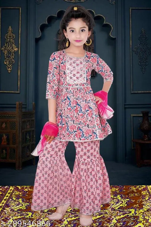 Poly Silk Kurta Sets for Girls (Pink, 7-8 Years)