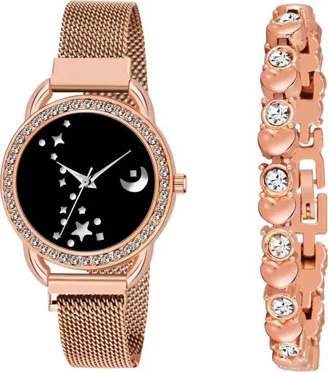 Metal Strap Analog Watch with Bracelet for Women & Girls, Set of 2 (Multicolor)