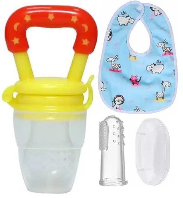 Silicone Fruit Feeder with Finger Brush & Bib for Kids, Multicolor, Set of 3