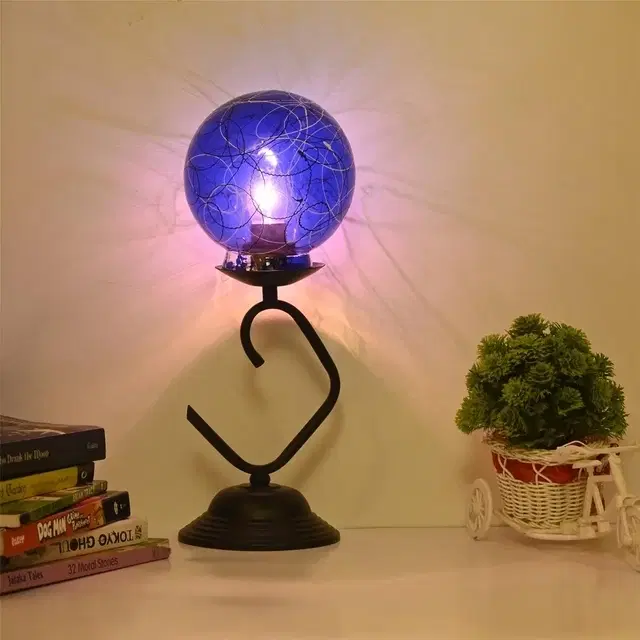 Crackle Glass Globe Table Lamp With S-Shape Stand (Blue)