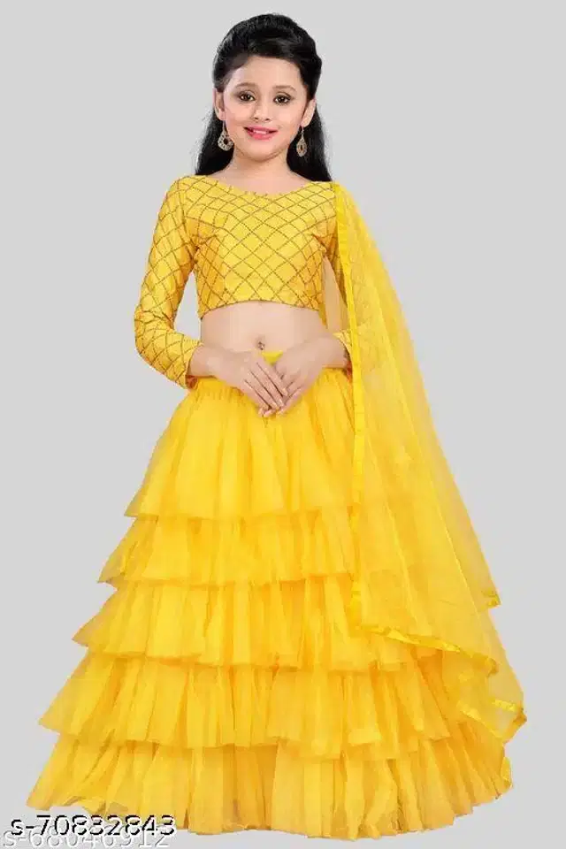 Satin Lehenga Choli With Dupatta for Girls (Yellow, 8-9 Years)