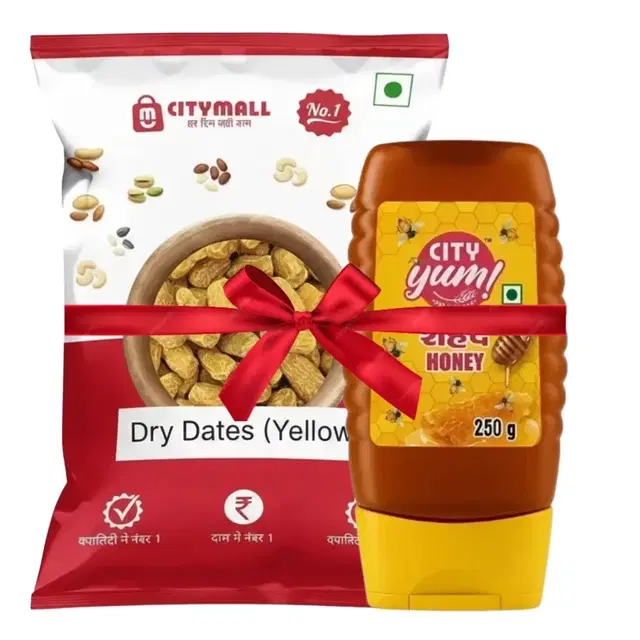 Citymall No.1 Dry Dates (Chhuhara) Yellow 500 g + City Yum Honey Squeezy Bottle 250 g