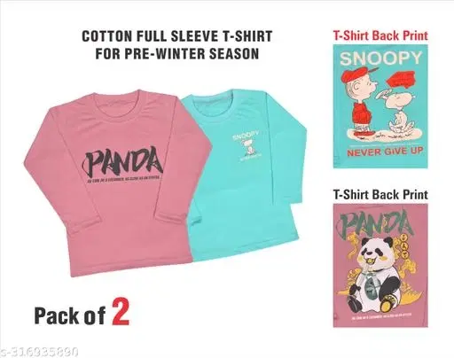 Round Neck Printed T-Shirt for Girls, Pack of 2 (Sky Blue & Pink, 7-8 Years)