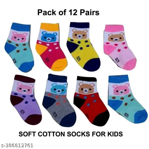 Cotton Socks for Kids, Set of 12 (Multicolor, 0-3 Months)