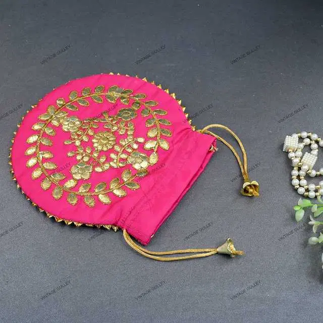 Cotton Silk Ethnic & Traditional Handheld Potli for Women, Dark Pink, A-42