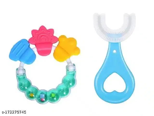Silicone Toothbrush with Rattle Toy for Infants, Multicolor, Set of 2