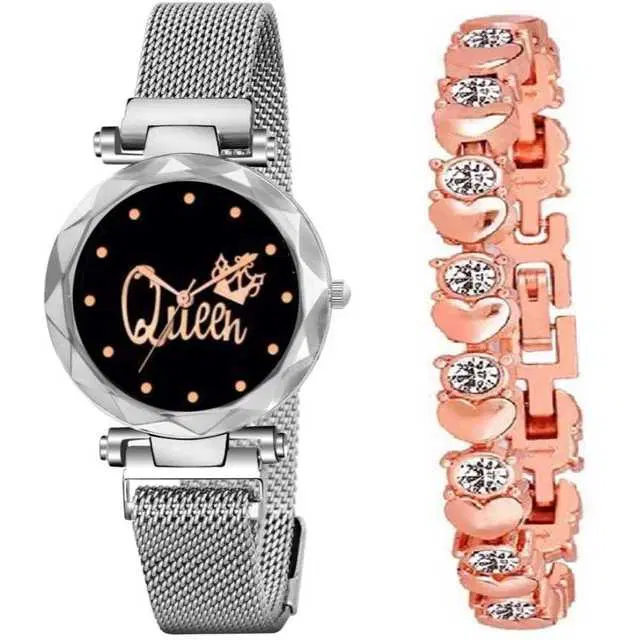 Casual Metal Analog Watch With Bracelet Women, Pack Of 2 (Silver) (MP-700)