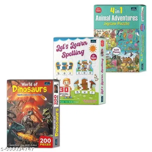 4 In 1 Animals Adventures + Let’s Learn Spelling + World Of Dinosaurs | Set of 3 Educational Jigsaw Puzzles for Kids – Brain-Boosting Learning Games, Early Skill Development, STEM Concepts, Memory Building, Perfect Gift for Children Ages 3–10