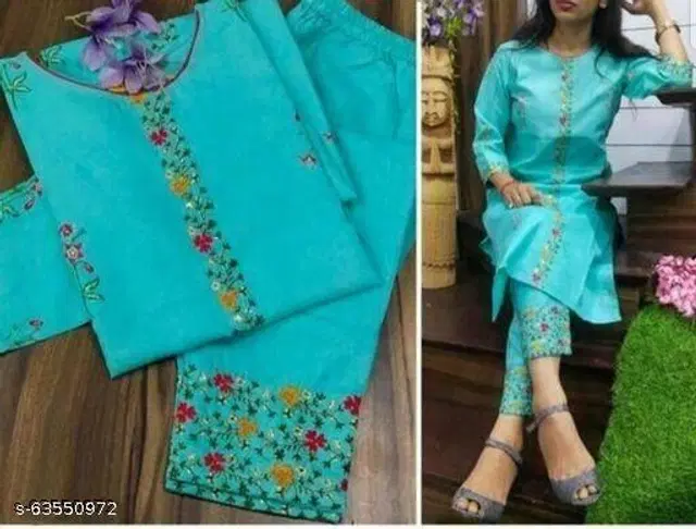 Cotton Embroidered Kurta with Pant for Women (Sky Blue, L)
