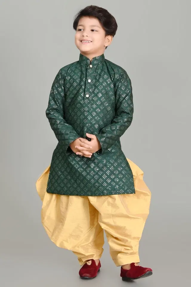Dupion Silk Printed Kurta with Dhoti for Boys, Bottle Green & Beige (6-12 Months)