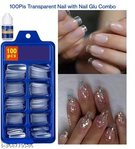 Transparent Nails, 100 Reusable Artificial Fake Nail Set | Lightweight, Long-Lasting, Easy To Use, Apply & Remove | Quick Fix For Festivals & Special Occasions With 1Pis Nail Glu