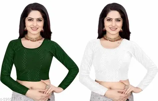 Lycra Ready Made Blouse for Women, Green & White , Pack of 2 (26)