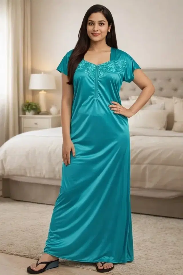 Satin Nightdress for Women (Aqua Blue, XL)