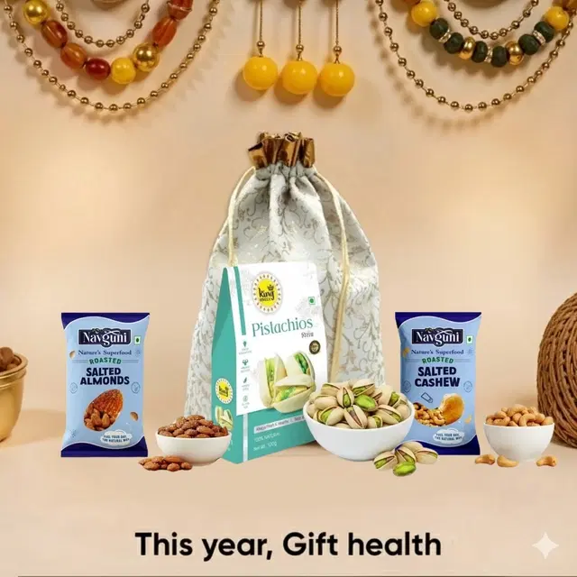 King Uncle California Pista (Roasted & Salted) 100 g , Navguni Roasted Salted Almonds 35 g , Navguni Roasted Salted Cashew 35 g , Designer Potli