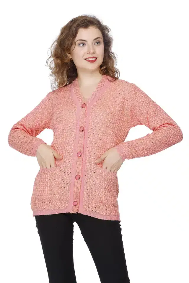Woolen Silky Yarn Cardigan for Women (Coral, L, Free Size)