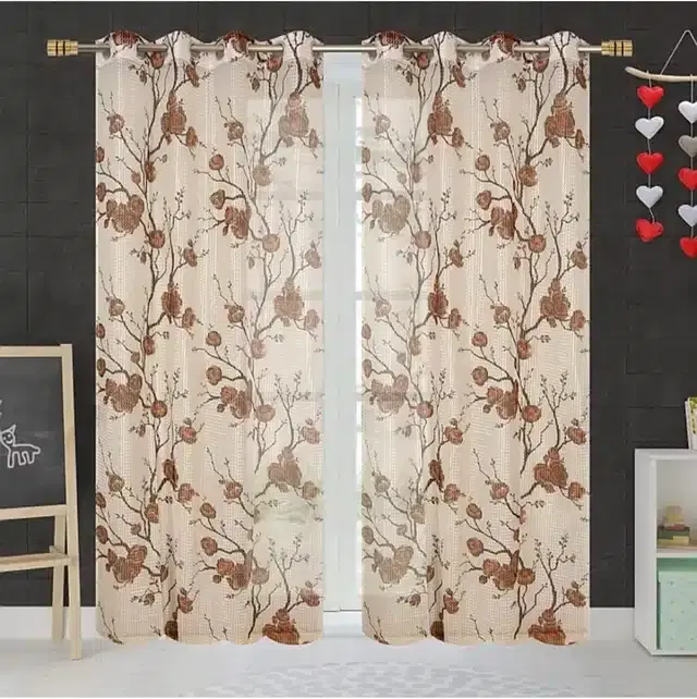 Printed Semi Transparent Net Window Curtains, Pack of 2, Coffee, 5 feet