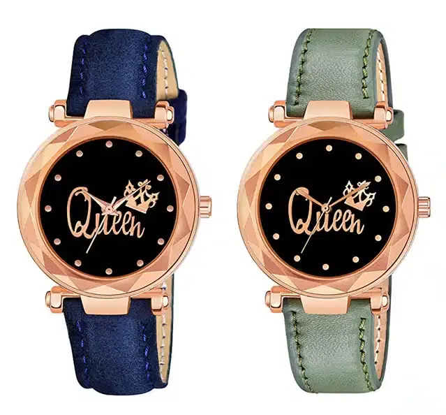 Designer Leather Analog Watch for Women & Girls, Pack of 2 (Blue & Green)