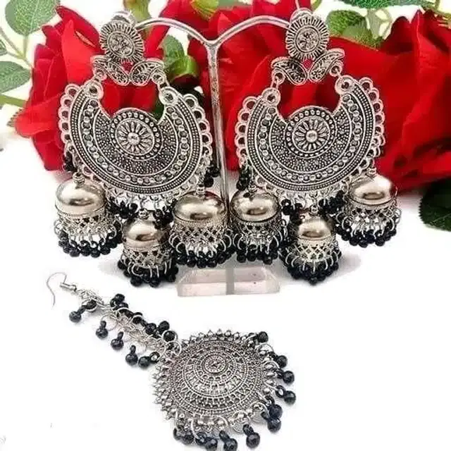 Tribal Jhumka with Maang Tikka Set (Black)