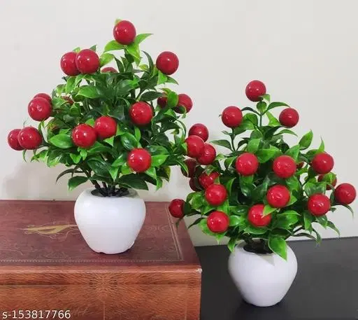 Plastic Artificial Flower With Pot,Multicolour,Set Of 2