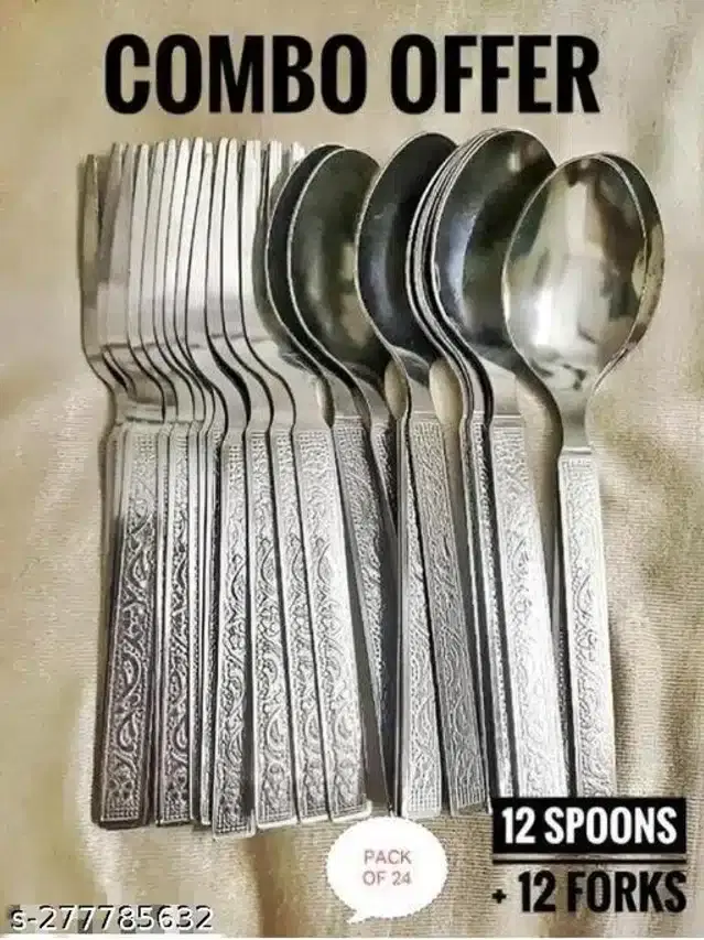 Stainless Steel 12 Pcs Forks with 12 Pcs Spoons, Silver, Set of 2
