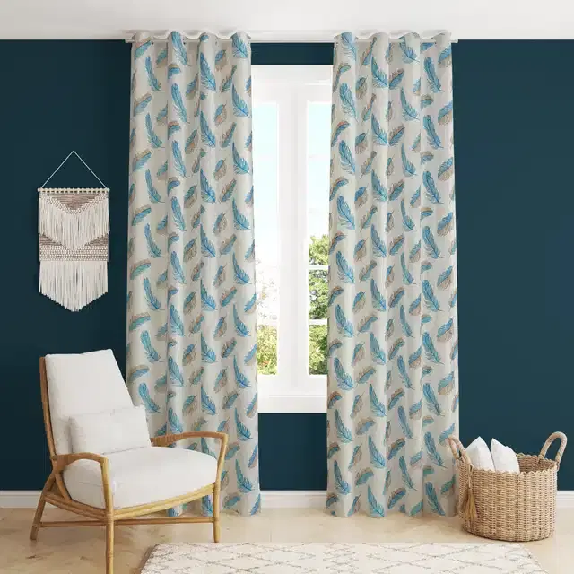 Printed Curtain, Pack of 2, Teal, 5 Feet