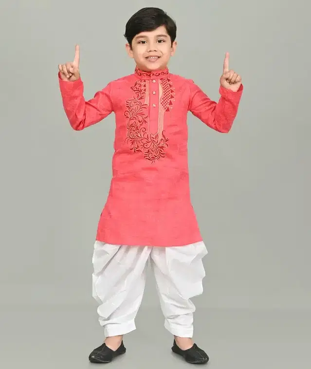 Cotton Embroidered Kurta with Patiyala Set for Boys (Orange & White, 5-6 Years)