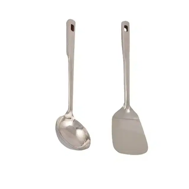 Combo of Stainless Steel Cooking & Serving Spoon Set, Pack of 2, Silver