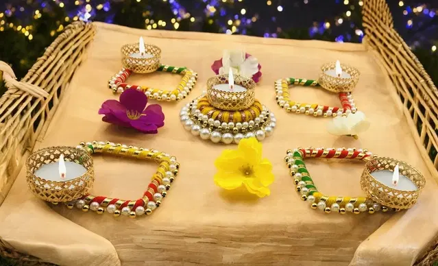 Metal Designer Tealight Candle Holder, Multicolor, 8x8x4.5 cm, Pack of 5