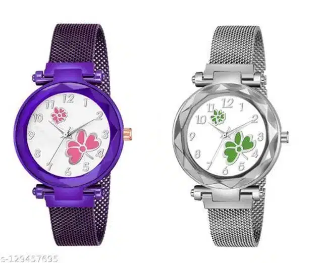 Analog Watch for Women, Pack of 2 (Purple & Silver)