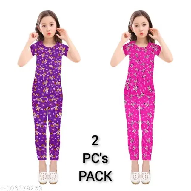 Polycotton Nightsuit for Girls, Pack of 2 (Pink & Purple, 2-3 Years)