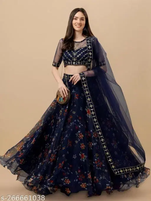 Lehenga Choli for Women (Blue, Semi Stitched)