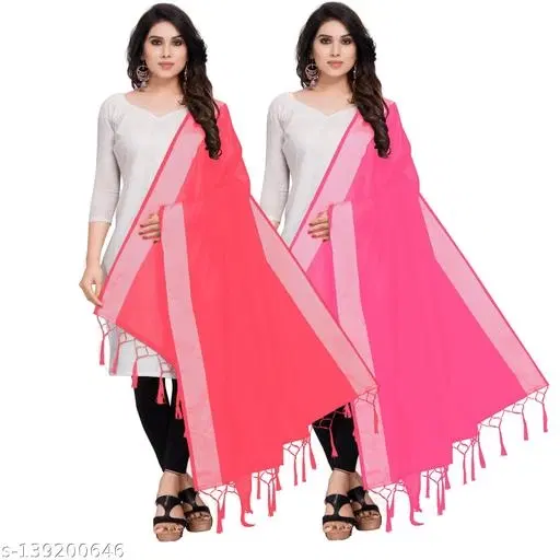 Solid Cotton Silk Dupatta with Tassels for Women, Pack of 2 (Pink, One Size)