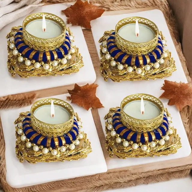 Metal Designer Tealight Candle Holder, Blue, 9.5x9.5x4 cm, Pack of 4