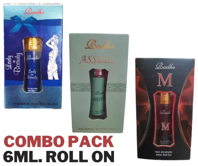 Combo of Radhe Asseel with Lady In Beauty & M Non Alcoholic Roll On Attars for Men & Women, 6 ml, Pack of 3