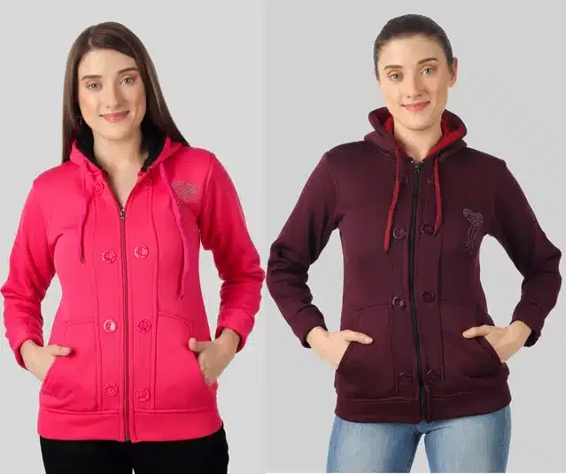 Full Sleeves Hooded Sweatshirt for Women, Pack of 2 (Pink & Wine, M)