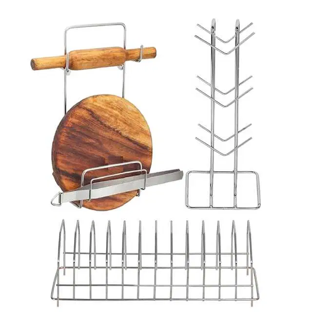 Stainless Steel Cup Stand & Plate Stand & Chakla Belan Stand For Kitchen, Set of 3, OC-016