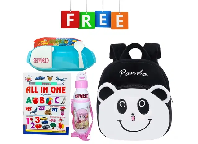 Combo of Fabric School Bag, Water Bottle, Lunch Box with All in One Book for Kids, Multicolor, Set of 4