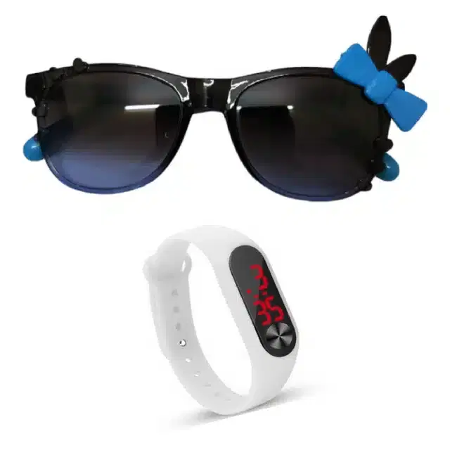 UV Protected Sunglass with Digital Watch for Boys & Girls, Set of 2 (Blue & White)