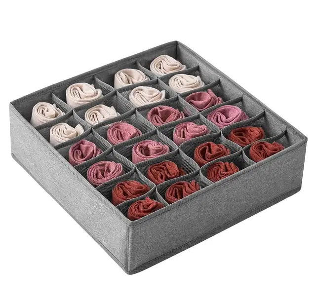 TerraHome x Double-R Collapsible Sock & Underwear Drawer Organizer | 24-Cell Storage Divider Box for Clothes, Socks, Lingerie, Ties, Belts | Grey, 32X32X10 cm | Closet & Bedroom Storage (1 Pack)