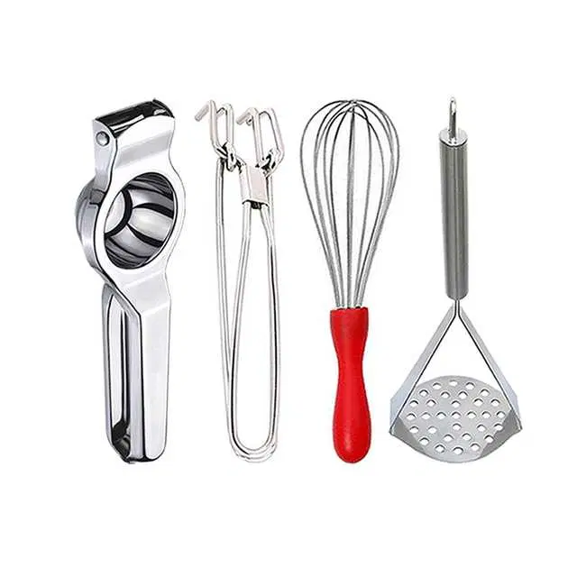 Stainless Steel Lemon Squeezer & Pakkad & Egg Whisk & Potato Masher For Kitchen, Set of 4, OC-065