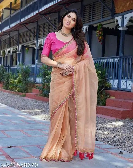 Tissue Printed Saree for Women, Peach (6.3 m)