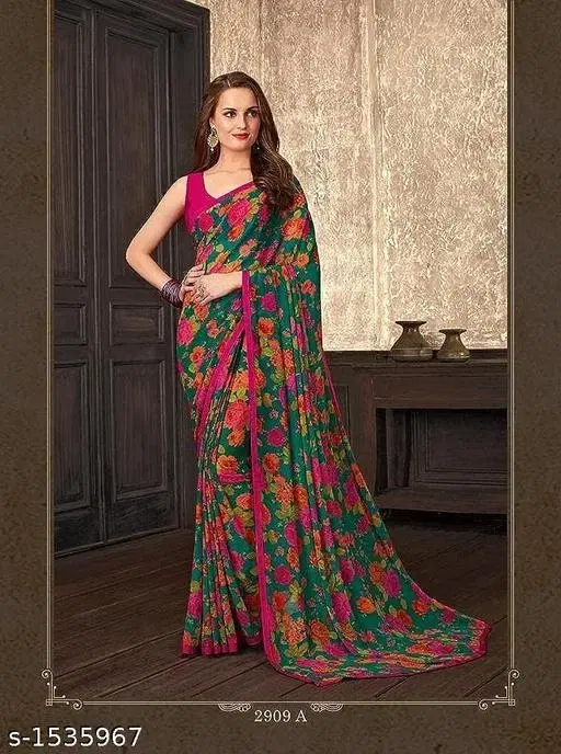 Georgette Printed Saree for Women, Green (6.3 m)