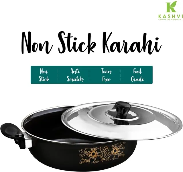 Cast Iron Kadai with Lid, Black & Silver, 28 cm
