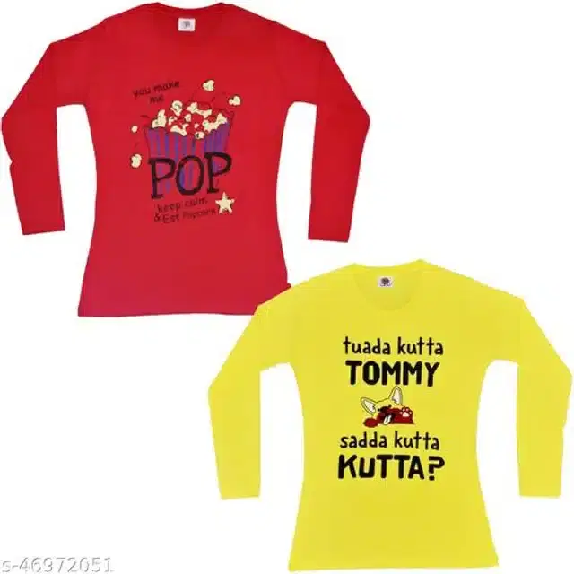 Cotton Full Sleeves T-Shirt for Girls, Pack of 2 (Red & Yellow, 6-7 Years)