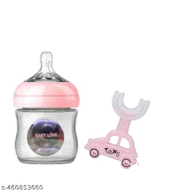 Combo of Milk Bottle, 120 ml & U Shaped Toothbrush for Baby, Multicolor, Set of 2