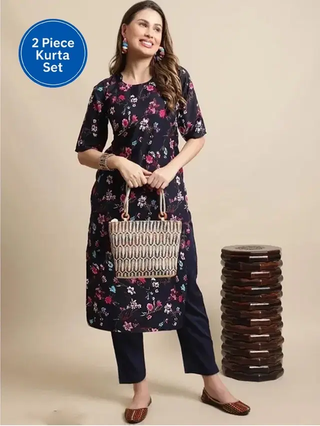 Crepe Floral Print Women's Kurta with Pant Set, Blue (XL)