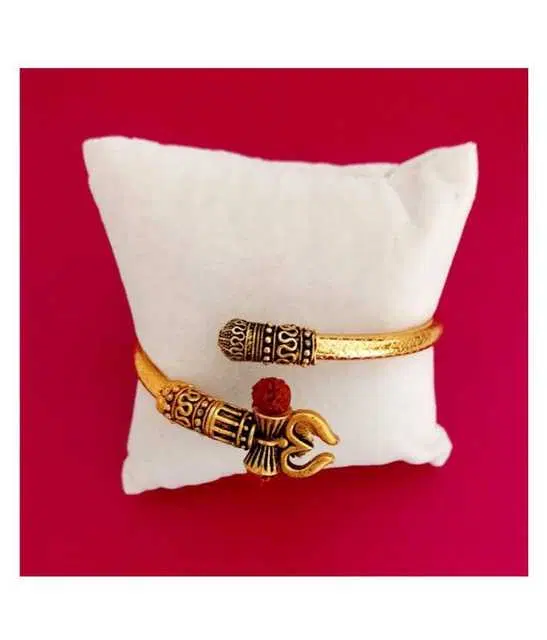 BHARDWAJ RETAILS AMANIS Rudraksha Shiv OM Trishul Damroo Designer Gold Plated Metal Brass Kada Adjustable Free Size Cuff Bracelets for Men, Pack of 1 (Golden) (BR44)