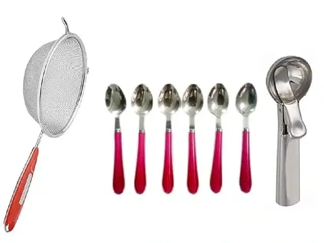Stainless Steel Strainer with Ice Cream Scoop & 6 Pcs Spoon, Multicolor, Set of 8